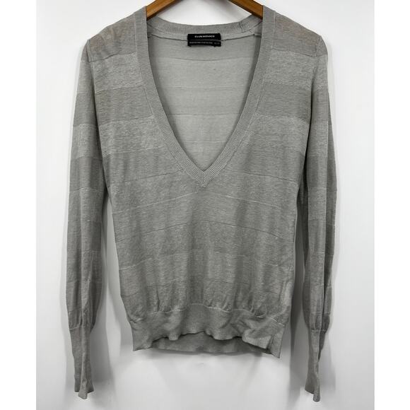 Club Monaco Sweater‎ Gray 100% Linen Striped V-Neck Pullover Size XS - Picture 1 of 6